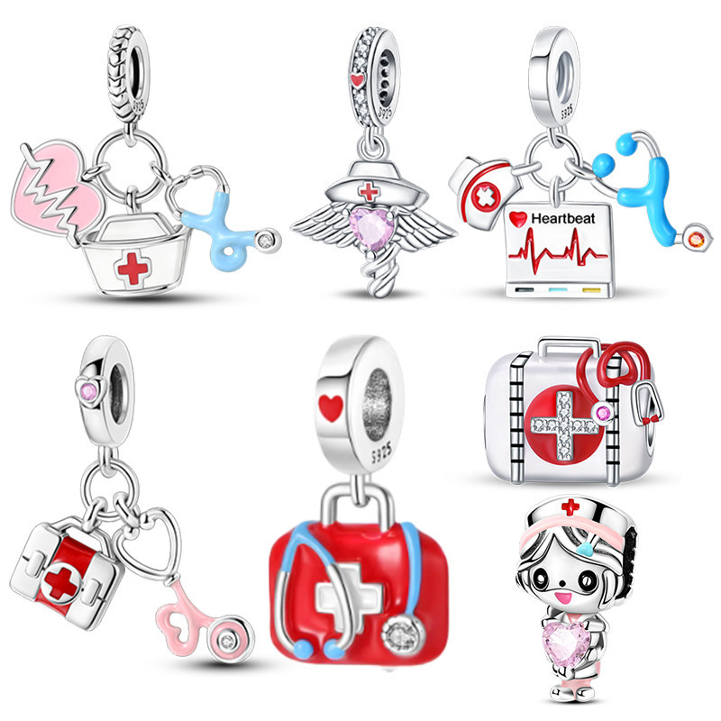 Charms Berloque 925 Prata Esterlina Presente Do Dia Da Enfermeira Medicina Peito Estetoscópio Boné Contas Pingente