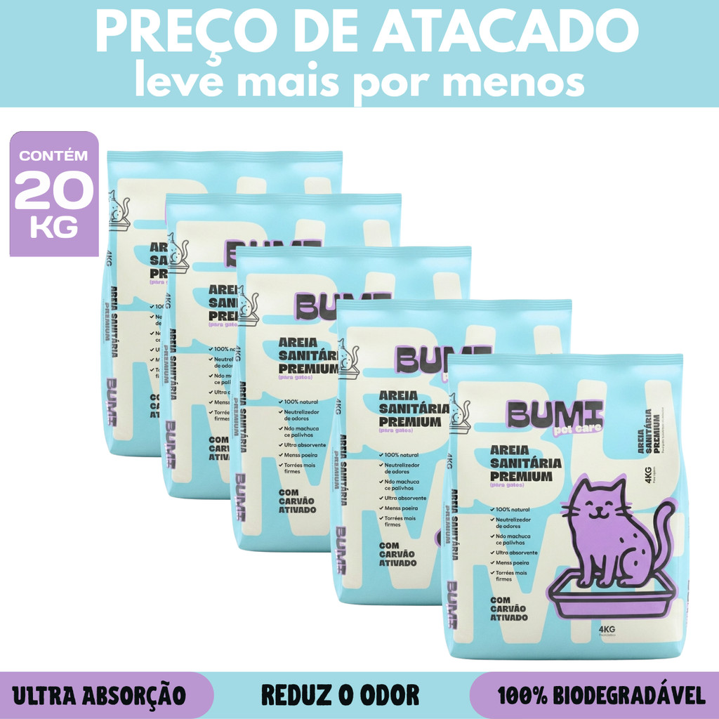 Kit com 5 Areia Sanitária Biodegradável Esmectita com Carvão Ativado 4kg Bumi Pet Care em Oferta na Shopee