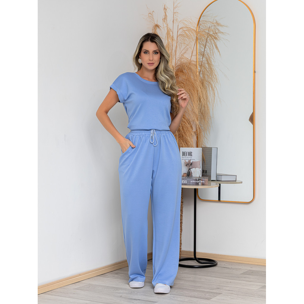 Conjunto Feminino Algodao Blusa Manga Curta Calça Pantalona com Cordão Casual Elegante