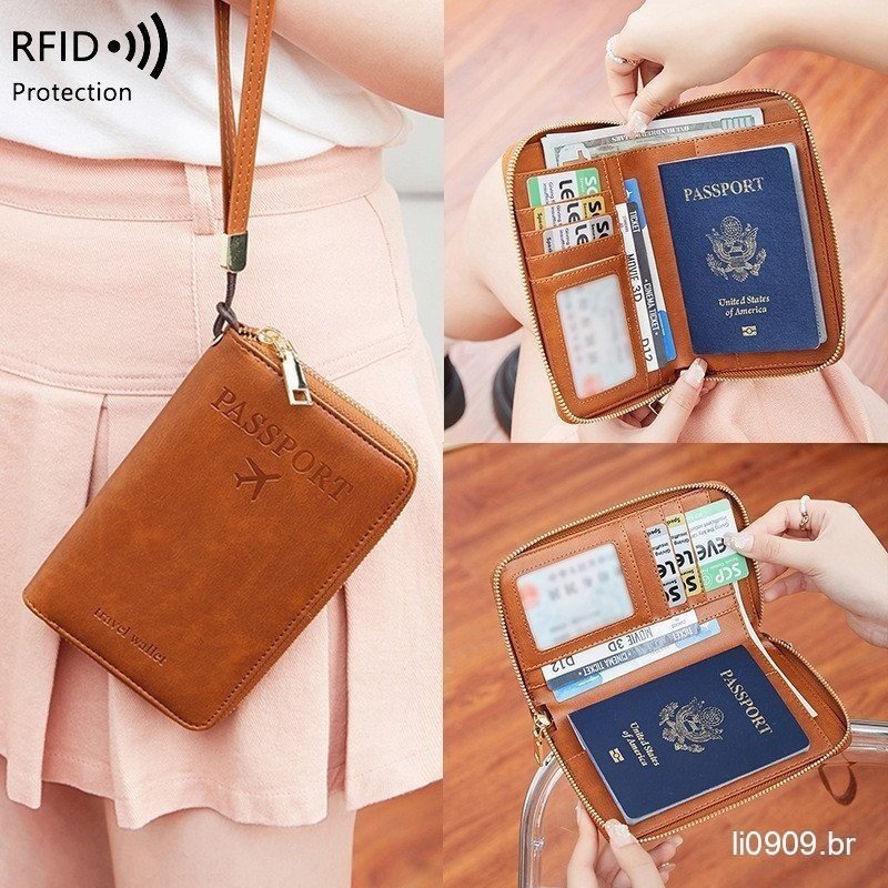 Nova bolsa para documentos Porta-passaporte com escova Anti-roubo Porta-passaporte RFID Porta-passaporte com zíper Porta