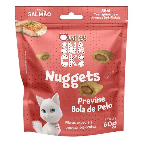 Snack Quatree Nuggets para Gatos Adultos Sabor Salmão Bola de Pelo - 60g