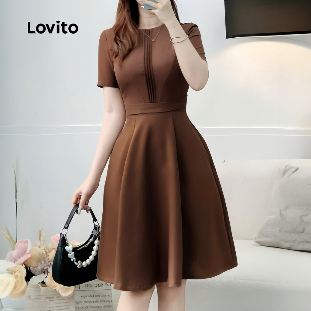Lovito Elegante Vestido Plissado Simples Confortável e Estiloso para Primavera/verão Marrom para Mulheres L172ED172 · foto 2