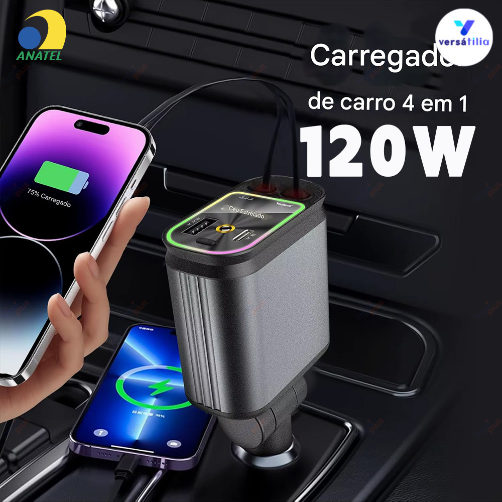 Carregador de Carro Rápido 4 em 1 Retrátil com Ajuste de 180° e Luz LED Compatível iPhone Android