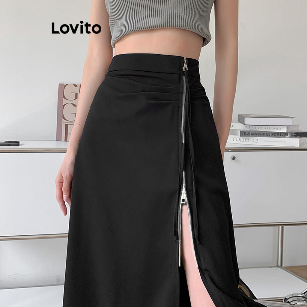 Lovito Saias Casuais Com Zíper Liso E Cordão Para Mulheres LNA65418 em Oferta na Shopee