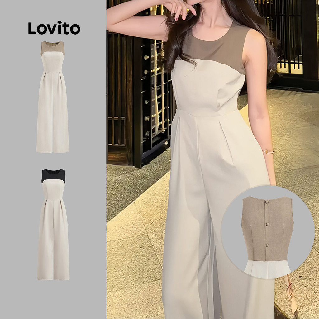 Lovito Macacão Casual De Tecido Liso Com Costura Plissado Para Verão/primavera Para Mulheres L128ED413 em Oferta na Shopee