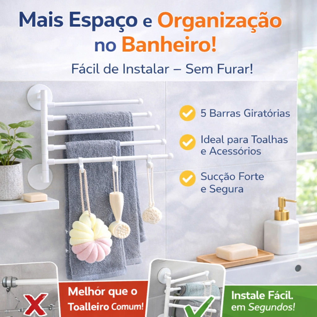 Toalheiro de Banheiro Sem Furo com 5 Barras Giratórias – Instalação Fácil e Sucção Forte em Oferta na Shopee