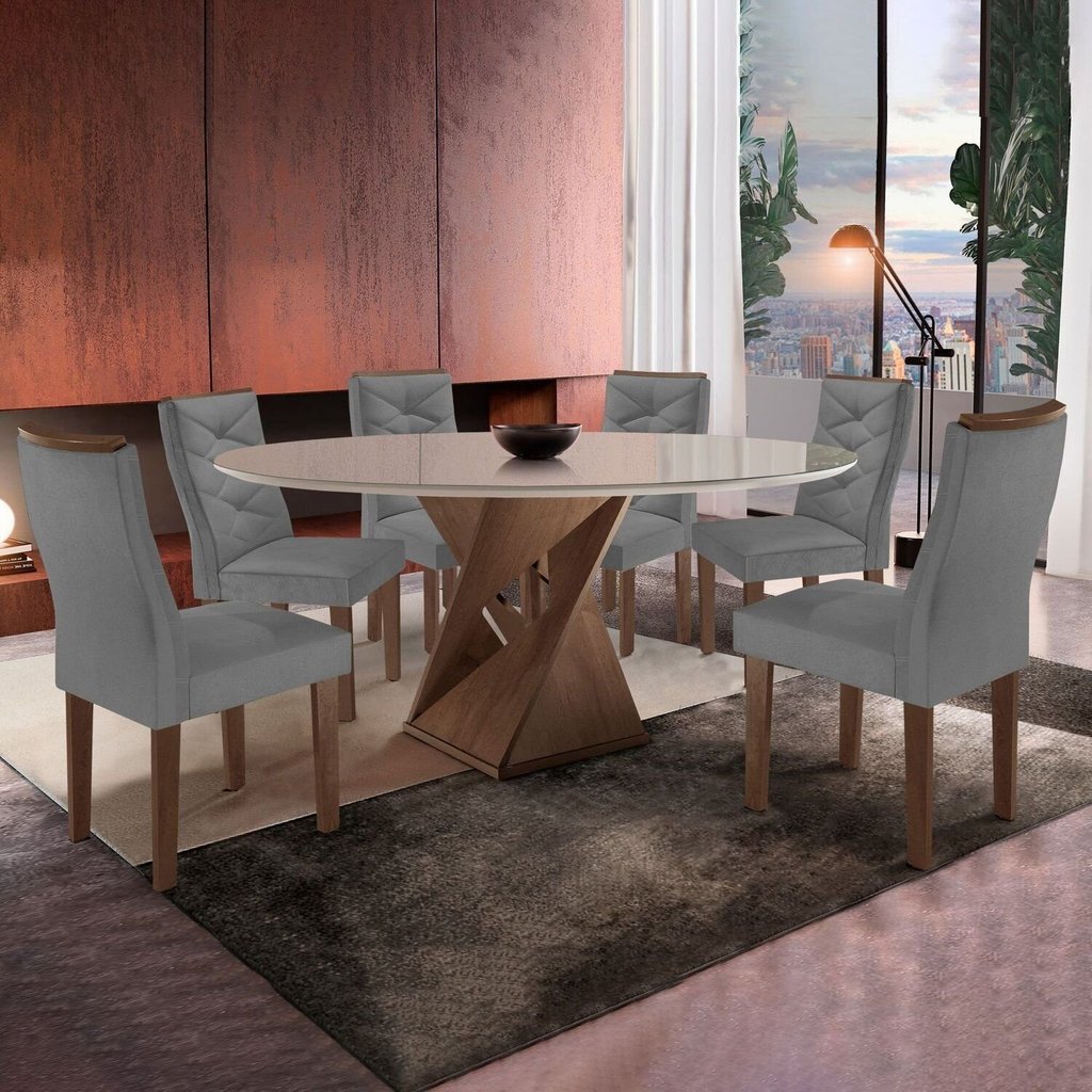 Conjunto Sala de Jantar 6 Lugares Redonda Tampo 120cm Vidro/MDF Mesa e Cadeiras Barcelona Yescasa Marrom/Chocolate/Off