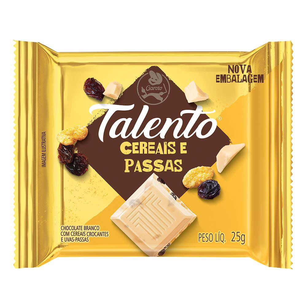 Chocolate Branco Garoto Talento Cereais e Uvas Passas com 25g