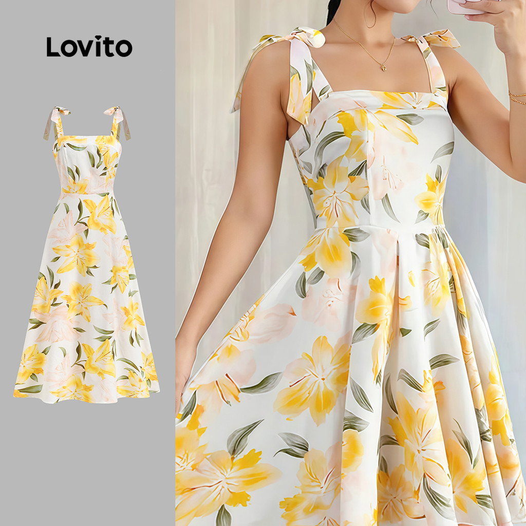Lovito Vestido elegante com cadarço primavera/verão vestido amarelo para mulheres LBL32231