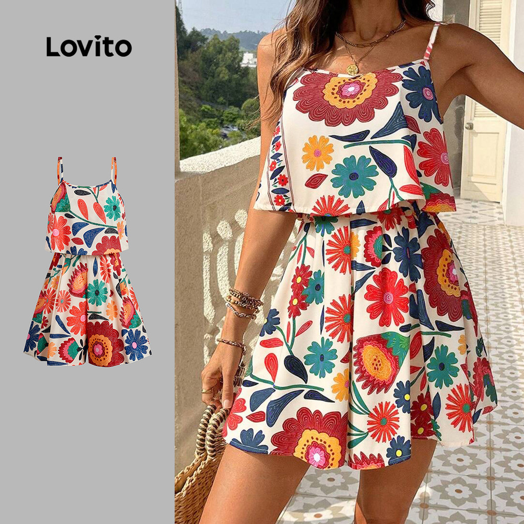 Lovito Macacão Boho Ruched Ruffle Ombro Frio Macacão Primavera/verão para Mulheres LBL32077 em Oferta na Shopee