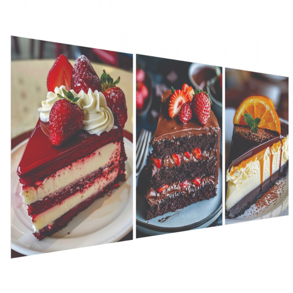 Quadro Decorativo Fatias de Bolo Doce Confeitaria Padaria Panificadora Kit 3 peças