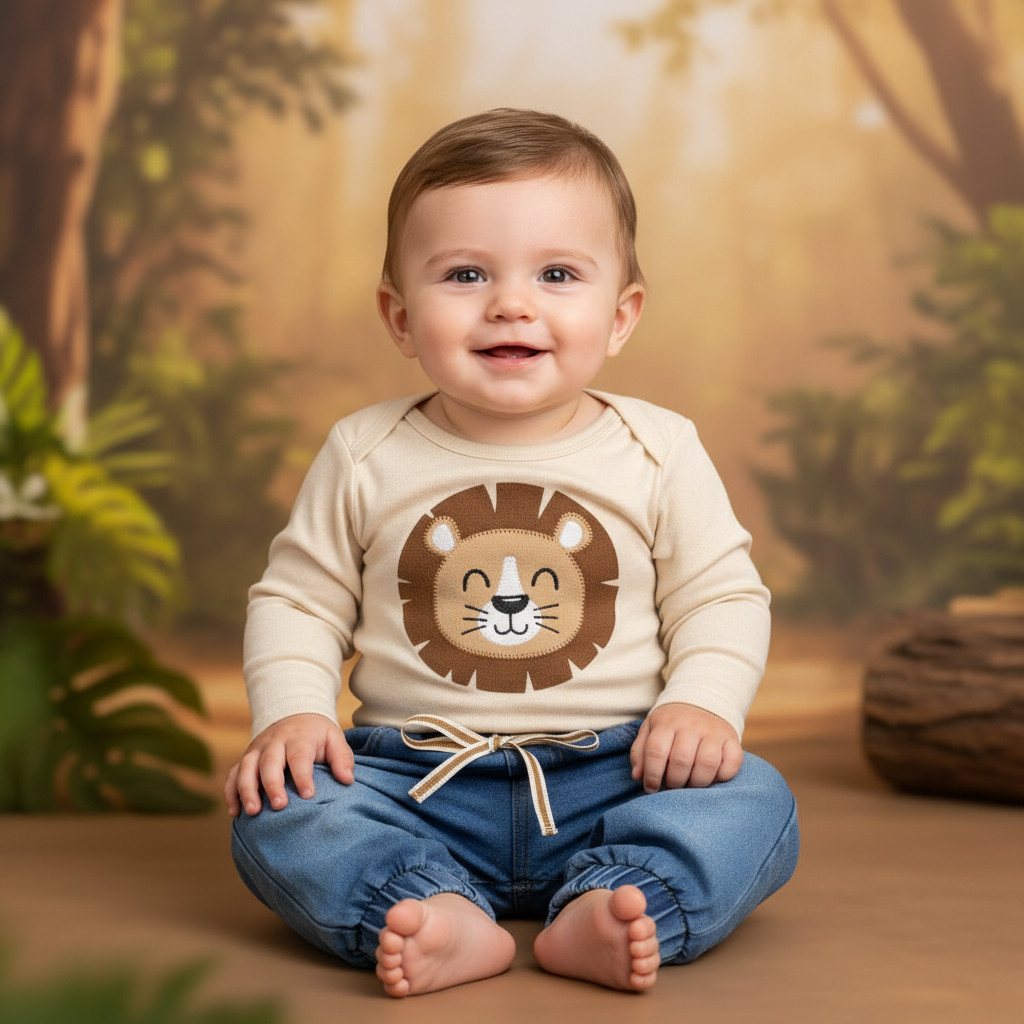 Conjunto Bebê Leão Body Bege Suave com Calça Jeans para 0-12 Meses Bordado 3D Algodão Rei das Selvas