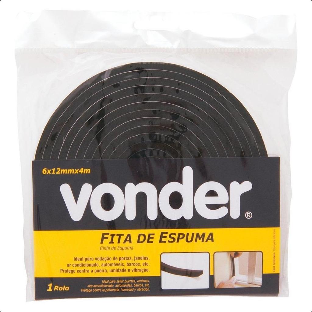 Fita Adesiva Espuma 12x6mm Preta com 4 metros Vonder em Oferta na Shopee