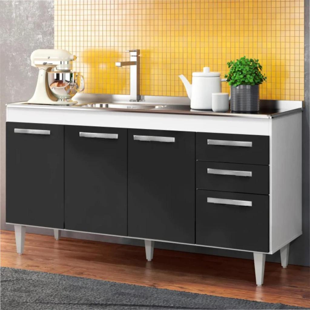 Balcão Gabinete para Pia 150cm sem Tampo Lisboa Branco/Preto - Lumil