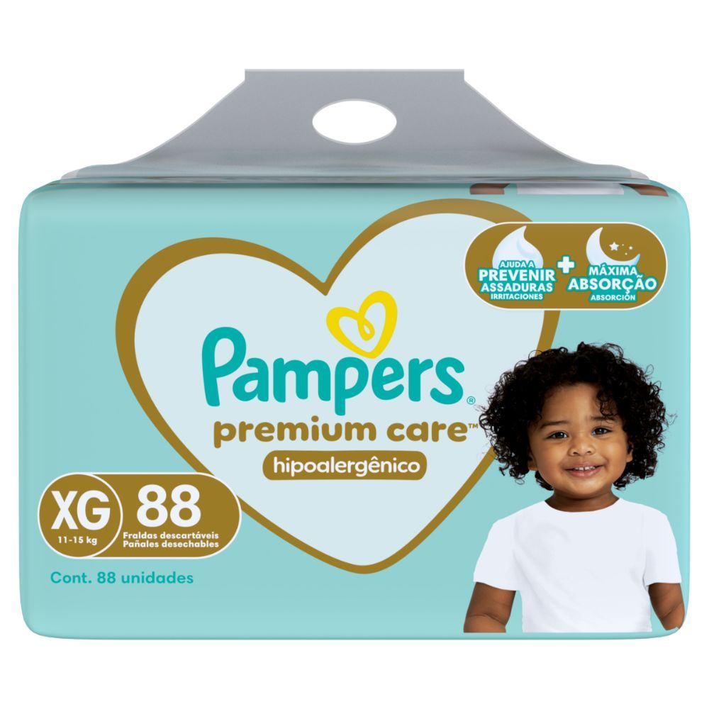 Fralda Pampers Premium Care Hipoalergênico Tamanho XG 88 Unidades Descartáveis em Oferta na Shopee
