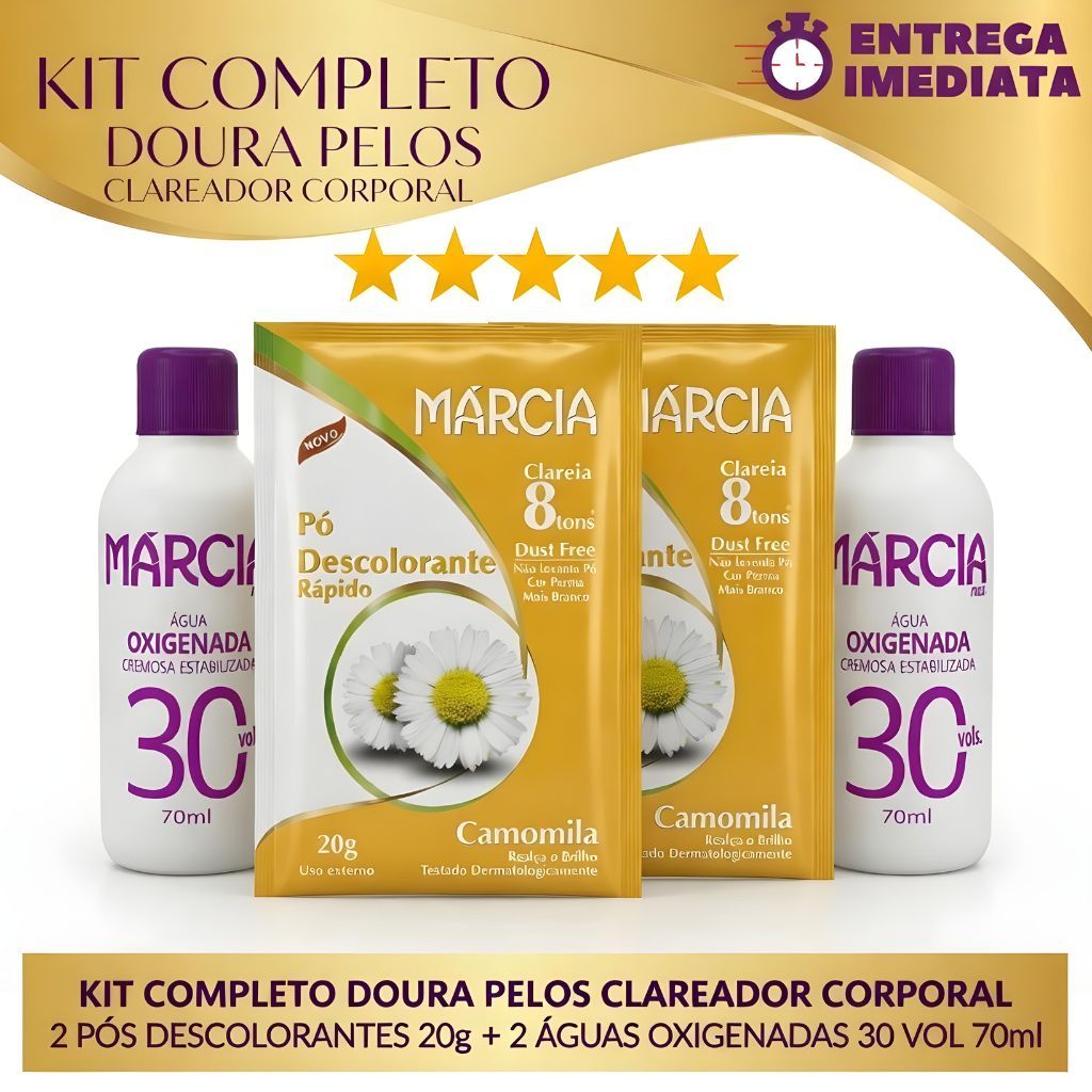 Kit Completo Doura Pelos Clareador Corporal 2 Pós Descolorantes 20g + 2 Águas Oxigenadas 30 Vol 70ml