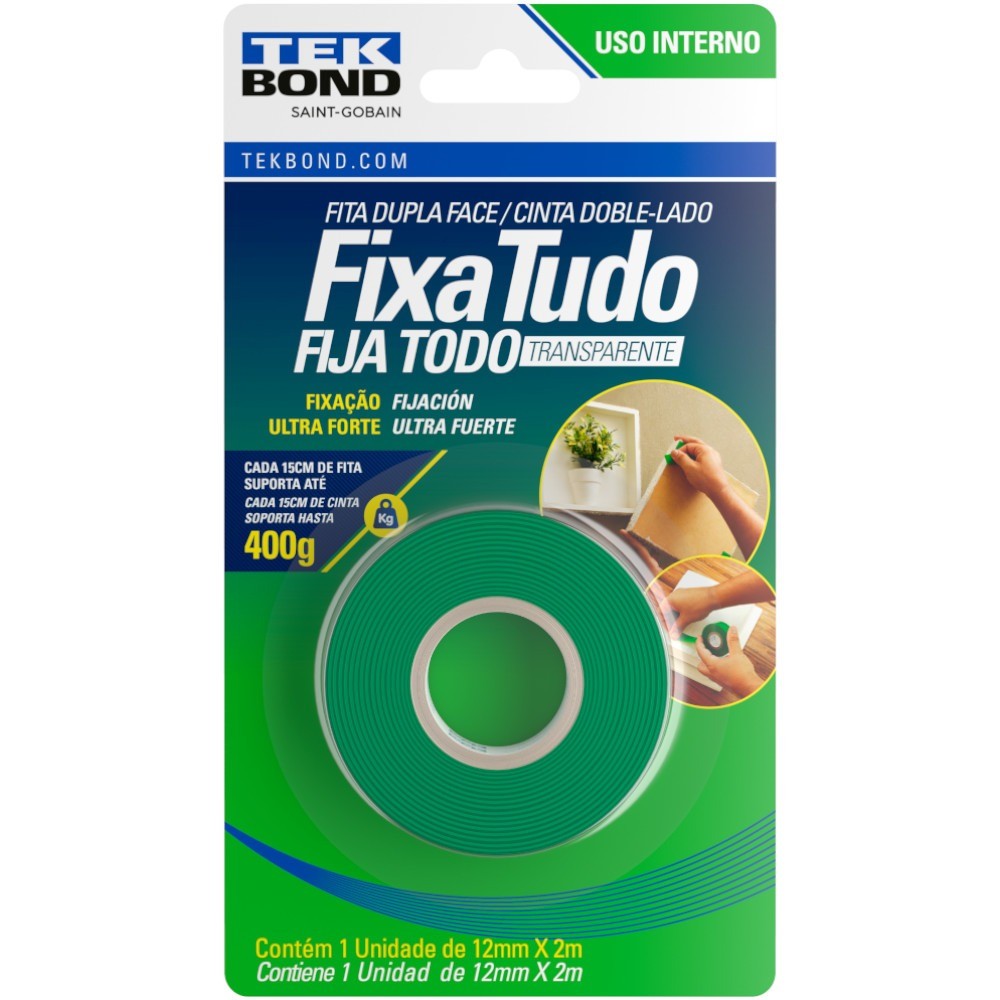 Fita dupla face acrílica 12 mm x 2 m uso interno - Fixa Tudo - Tekbond