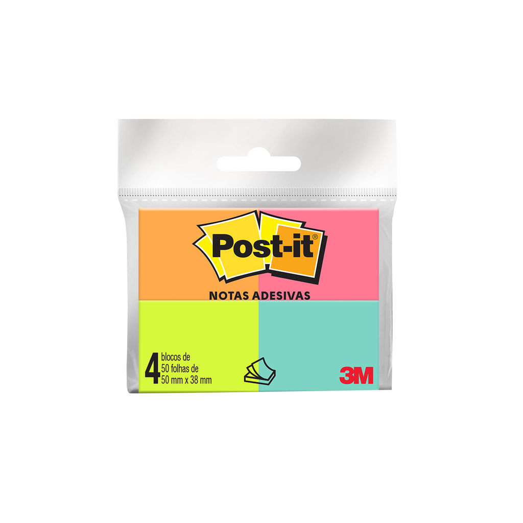 Bloco Adesivo Post It 3M Colorido com 4 Blocos de 50 Folhas 38x50mm em Oferta na Shopee