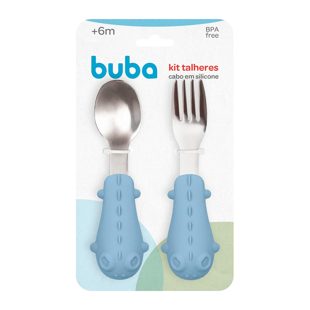 Kit Talheres Colher e Garfo Cabo em Silicone Buba Dino Azul