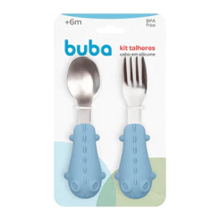 Kit Talheres Colher e Garfo Cabo em Silicone Buba Dino Azul