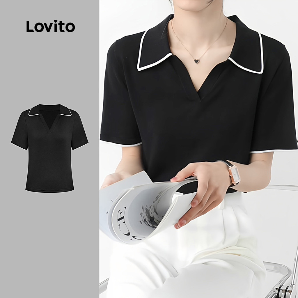 Lovito Camiseta Elegante Com Contraste De Amarração Primavera/verão Camisa Preta Para Mulheres L137ED222 em Oferta na Shopee