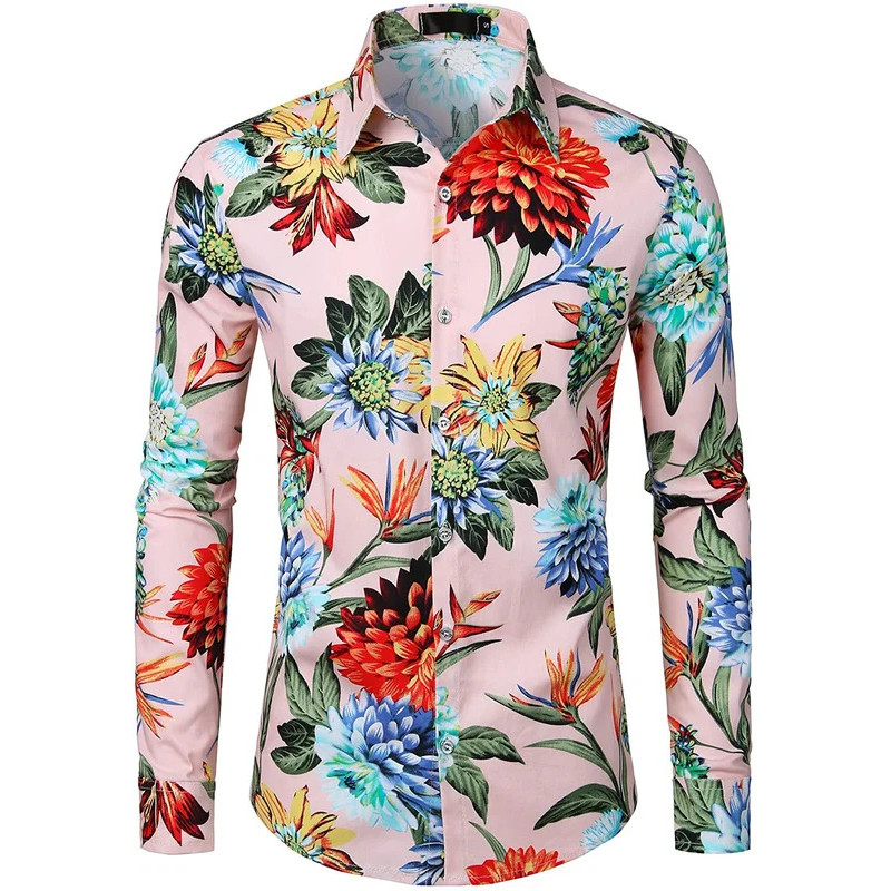 Camisa Masculina de Botões para Primavera e Outono, Moda Casual Masculina, Nova Camisa de Manga Longa com Estampa Floral