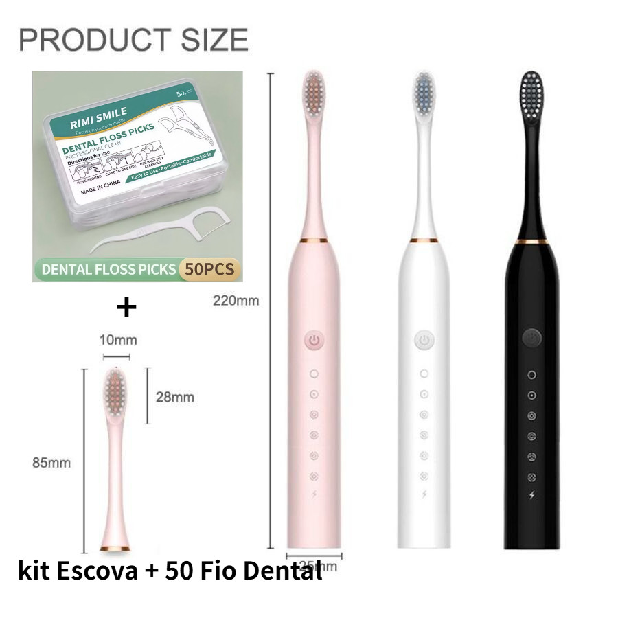 Kit Higenie Bucal 50 Fio Dental + Escova De Dentes Elétrica Recarregável Sonic IPX7 99P