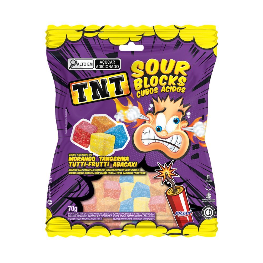 Bala de Goma TNT Sour Blocks Cubos Ácidos Morango, Tangerina, Tutti-Frutti e Abacaxi 70g em Oferta na Shopee