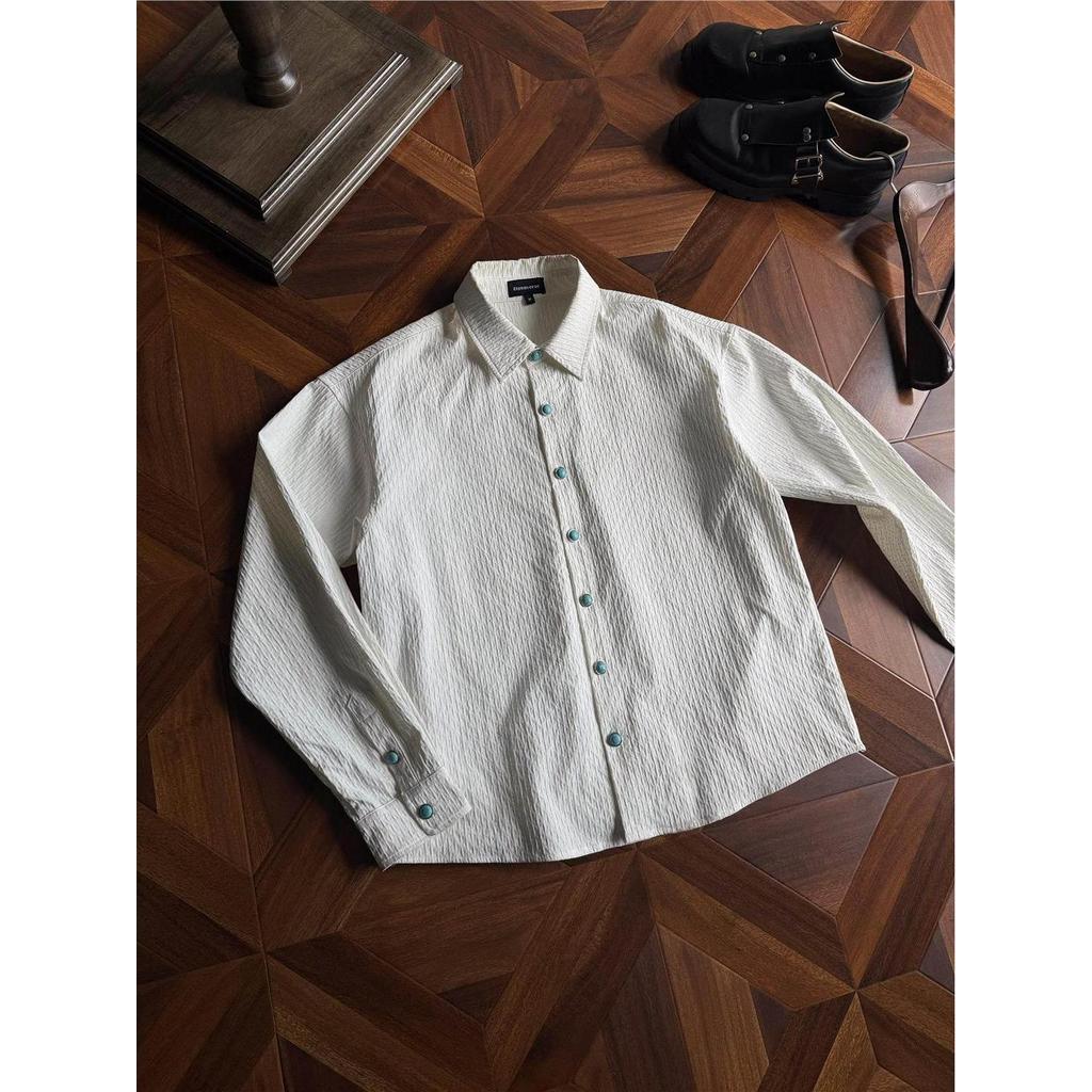 Versão coreana na moda moda lapela camisa de manga comprida das mulheres dos homens High-End sentimento cleanfit textura