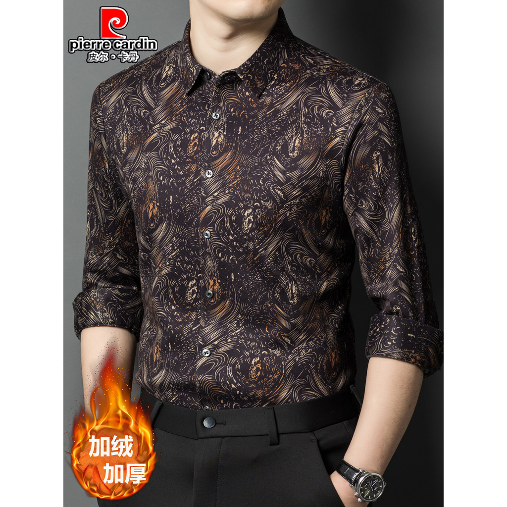 Pierre Cardan Camisa masculina de manga comprida de alta qualidade inverno novo estilo quente camisa Casual estampada de