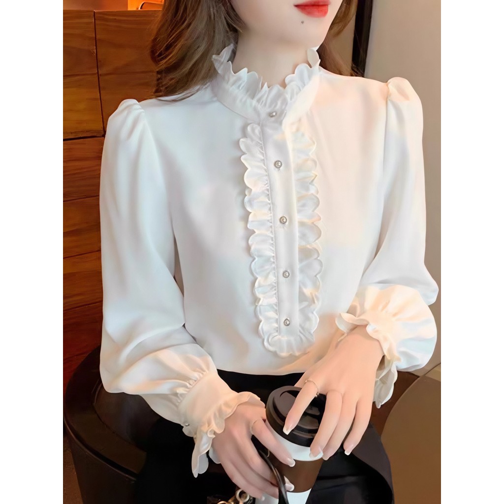 Novo estilo francês Agaric borda camisa branca feminina primavera estilo ocidental Bottoming manga comprida gola alta so