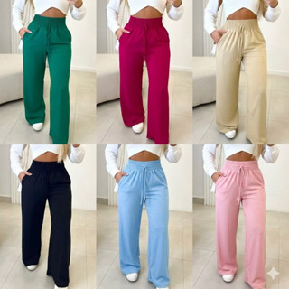 Calça Pantalona Feminina Com bolso Cintura Alta Tecido Duna WideLeg Fresco confortável Para trabalha em Oferta na Shopee