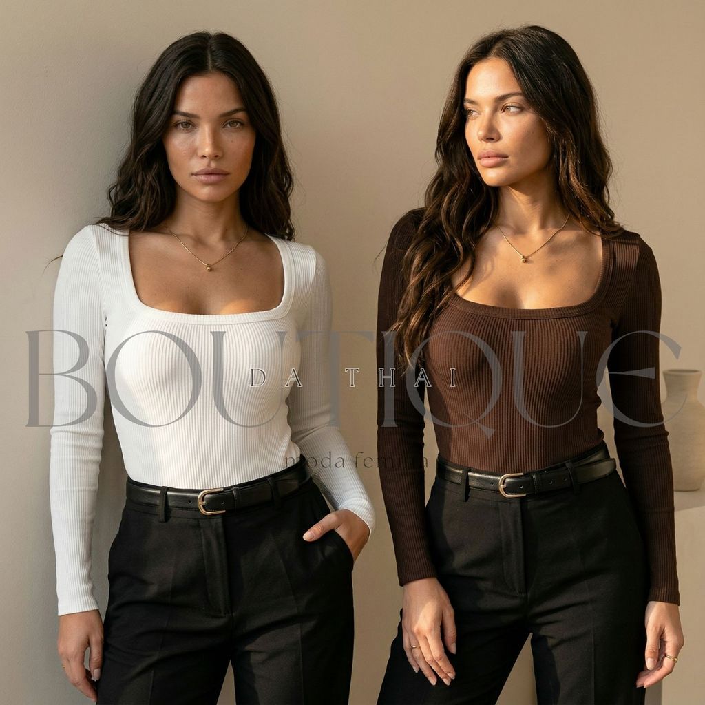 Kit 2 Body Manga Longa Feminino Decote Quadrado Canelado Anarruga Básico Elegante