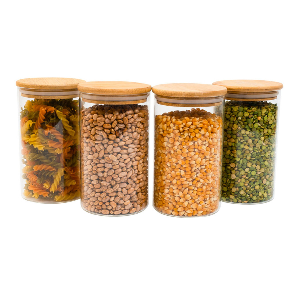 Kit 4 potes de vidro 1,1L tampa de bambu herméticos redondos - Tüd