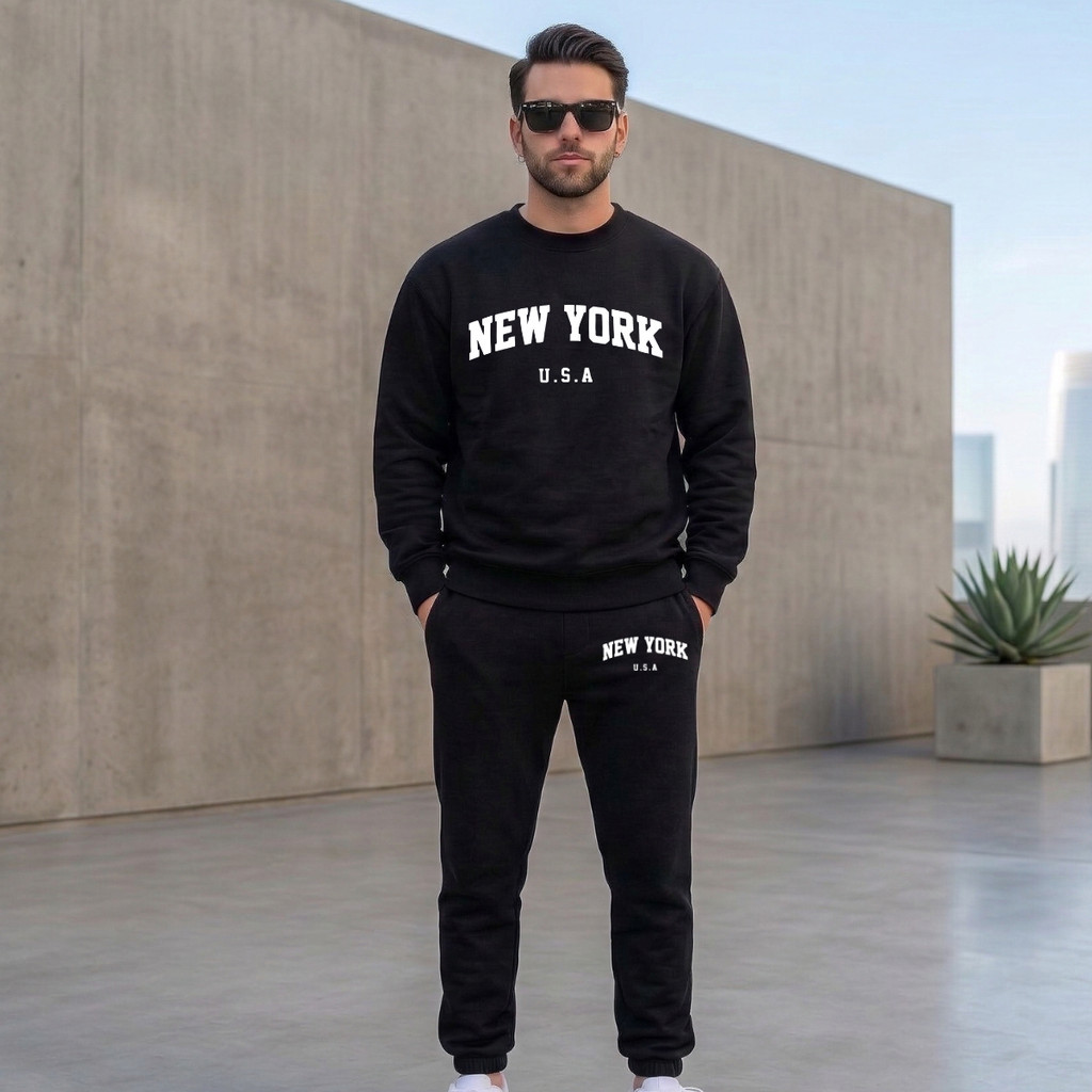 Conjunto Moletom Careca + Calça New York U.S.A Masculino Quentinho Flanelado