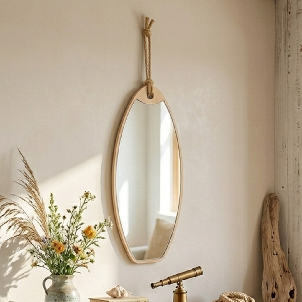 Espelho Decorativo Prancha com Corda de Sisal Decoração Moderna para Parede Casa de Praia Pousada Hotel