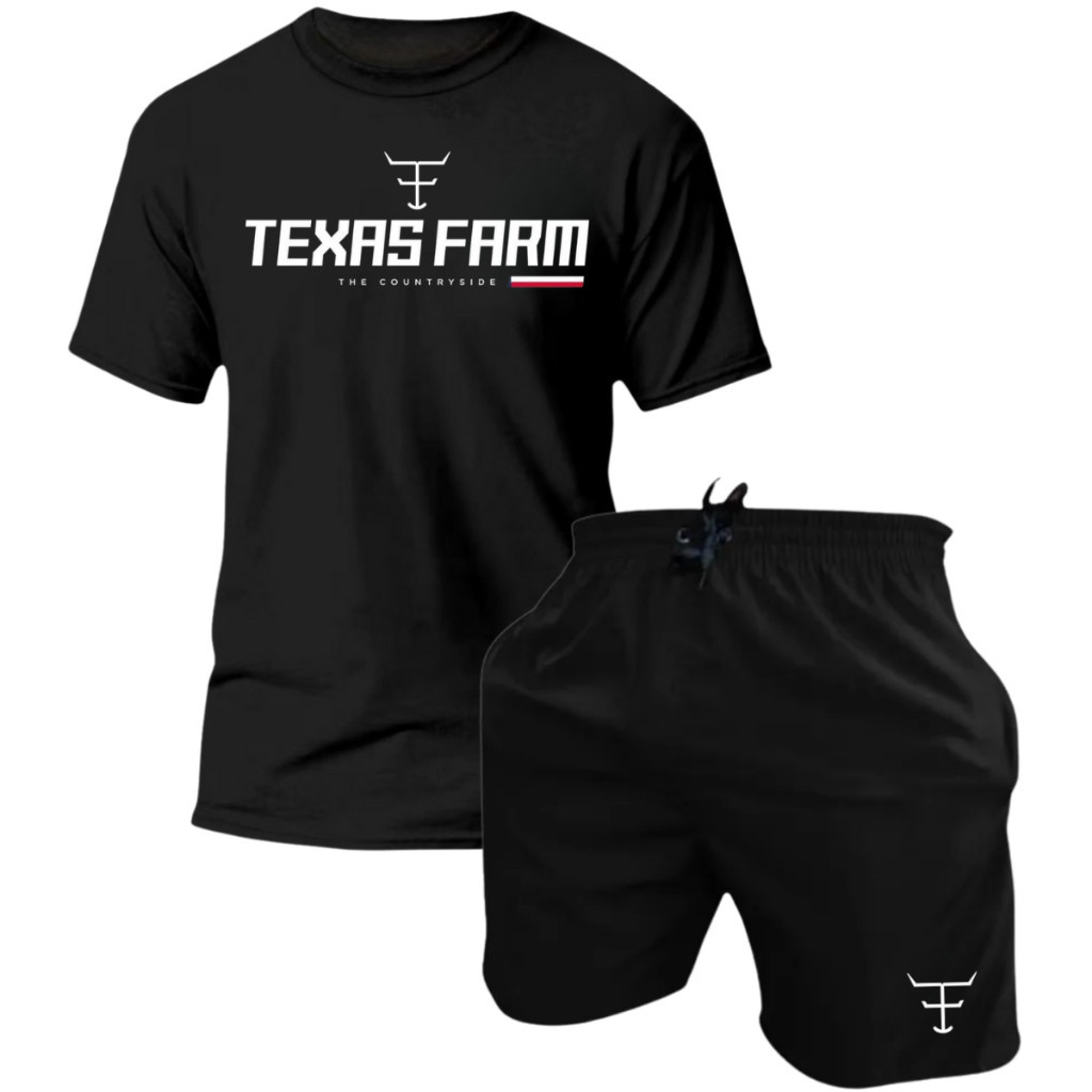 Conjunto Kit Camiseta Masculina Casual Short Tactel Estampado TexasFarm Confortavel Estiloso Academia Lazer Praia