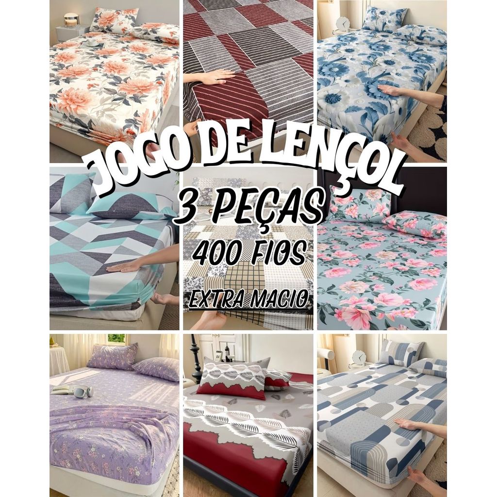 Jogo De Lençol Cama Casal 3 Peças 400 Fios Estampas Exclusivas
