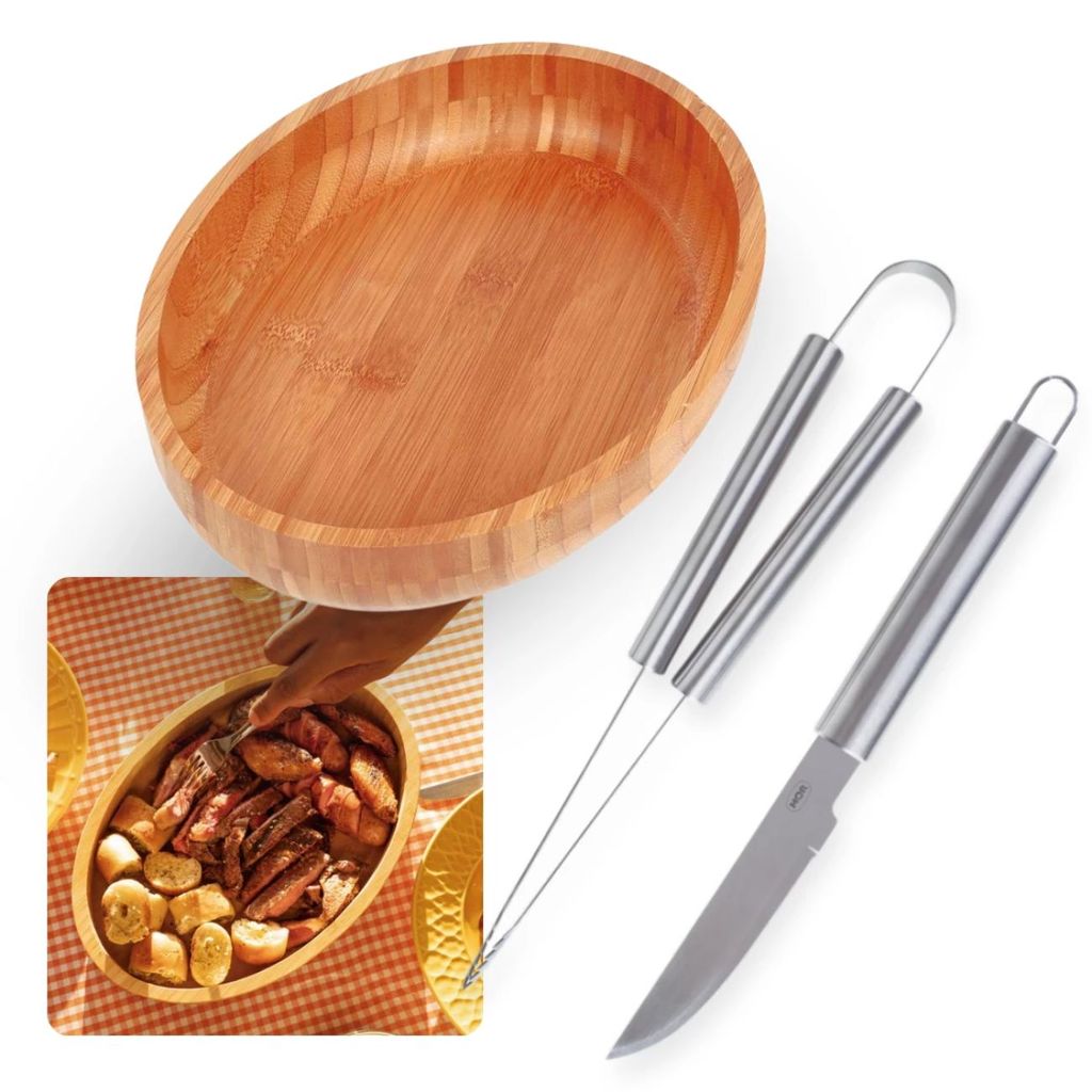 Kit Churrasco 2 Peças Faca e Pegador Inox com Gamela Bandeja Oval Bambu 33cm