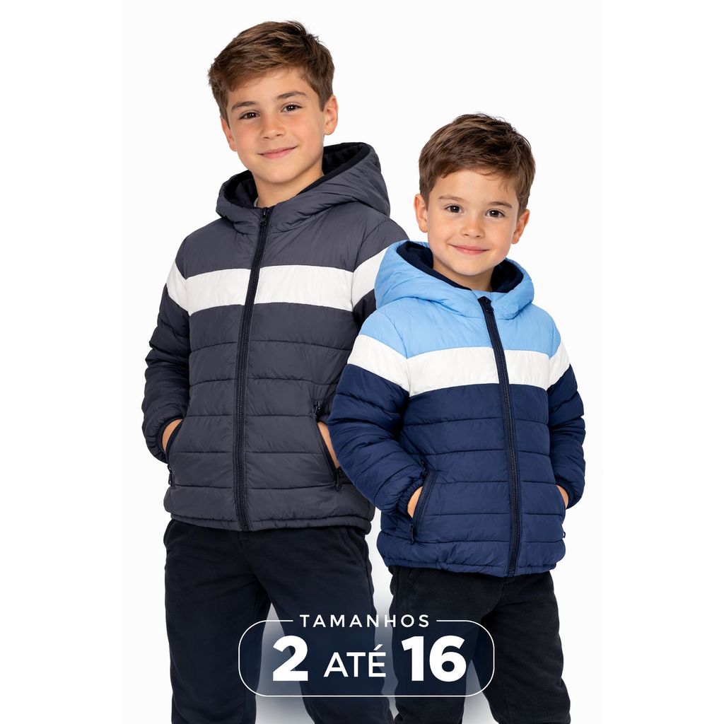 Jaqueta, Casaco Puffer Infantil Impermeável Premium com Capuz Bolso Menino Menina Com Ziper Colorida em Oferta na Shopee
