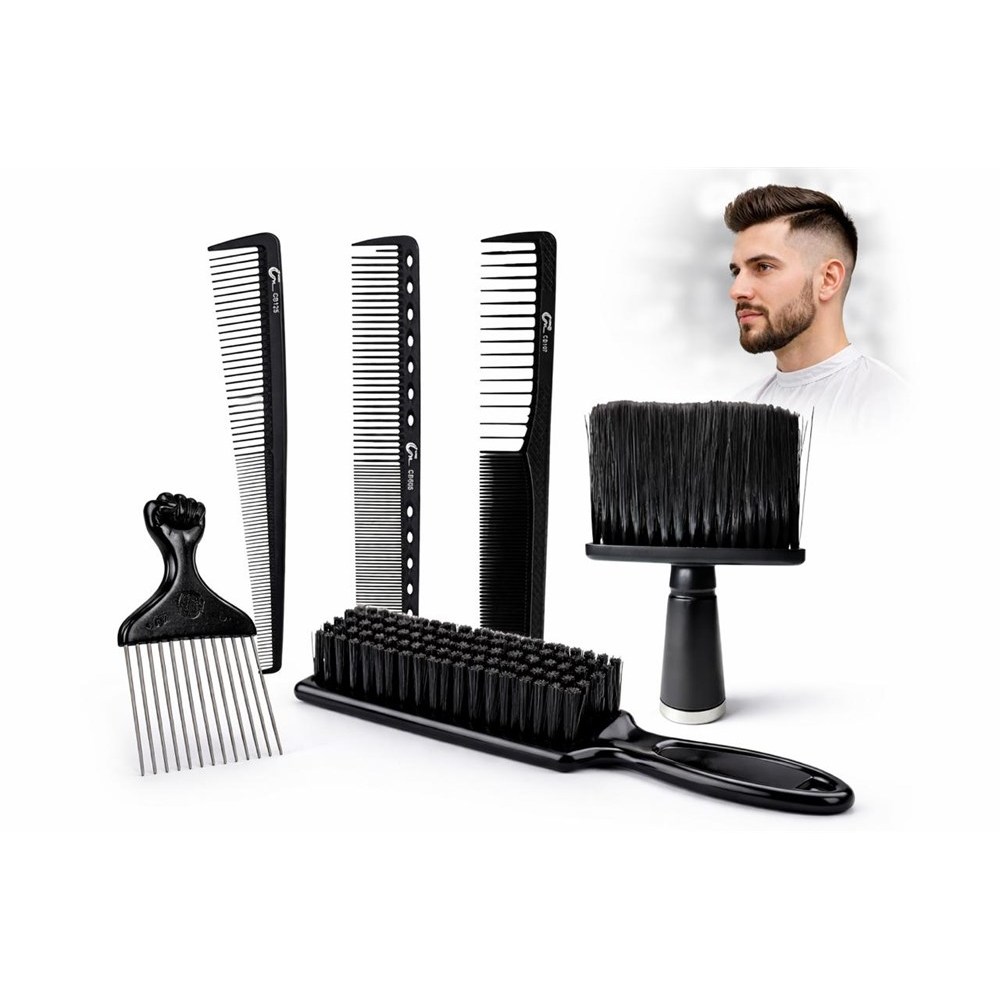 Kit Barbeiro 3 Pente Carbono Preto+Escovinha Degrade Preto+Espanador Plástico Preto+Pente Garfo M