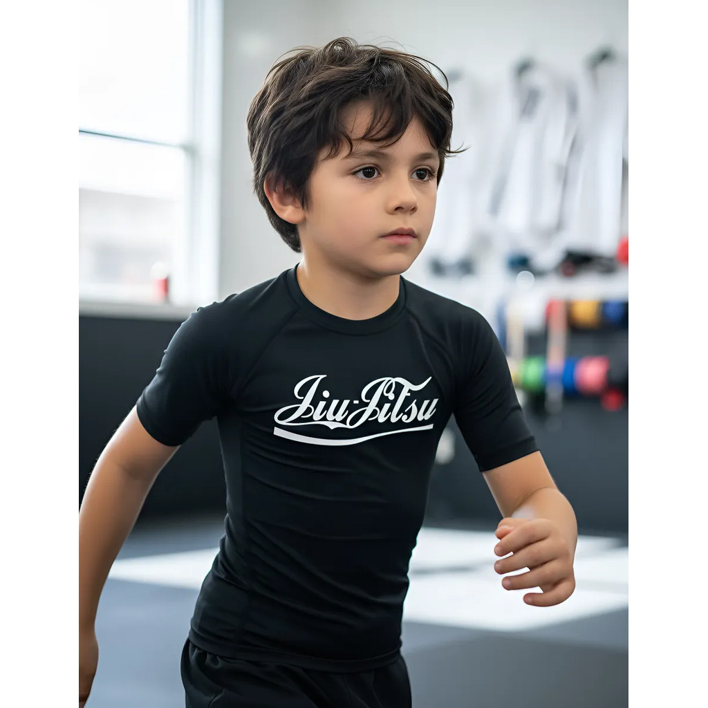 Rash Guard Infantil Manga Curta Preta Jiu Jitsu Segunda Pele Compressão