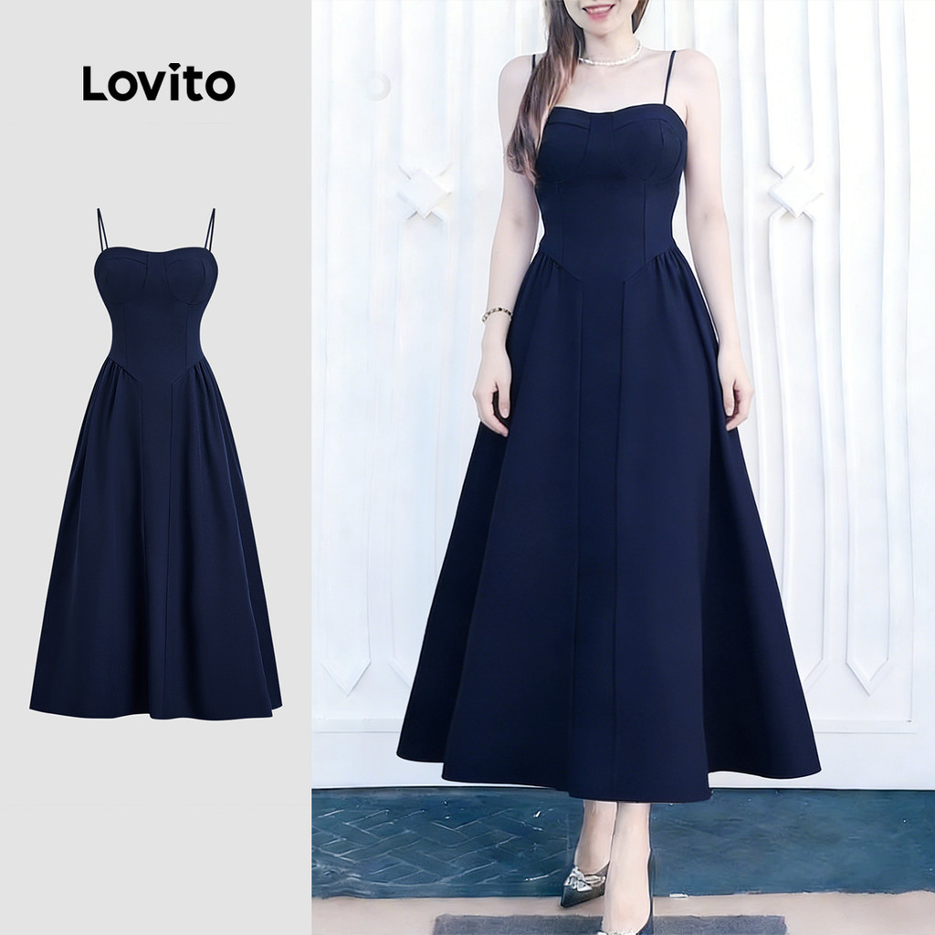 Lovito  Vestido Casual Plissado Ombro À Mostra Primavera/verão Azul Escuro para Mulheres LBL32166