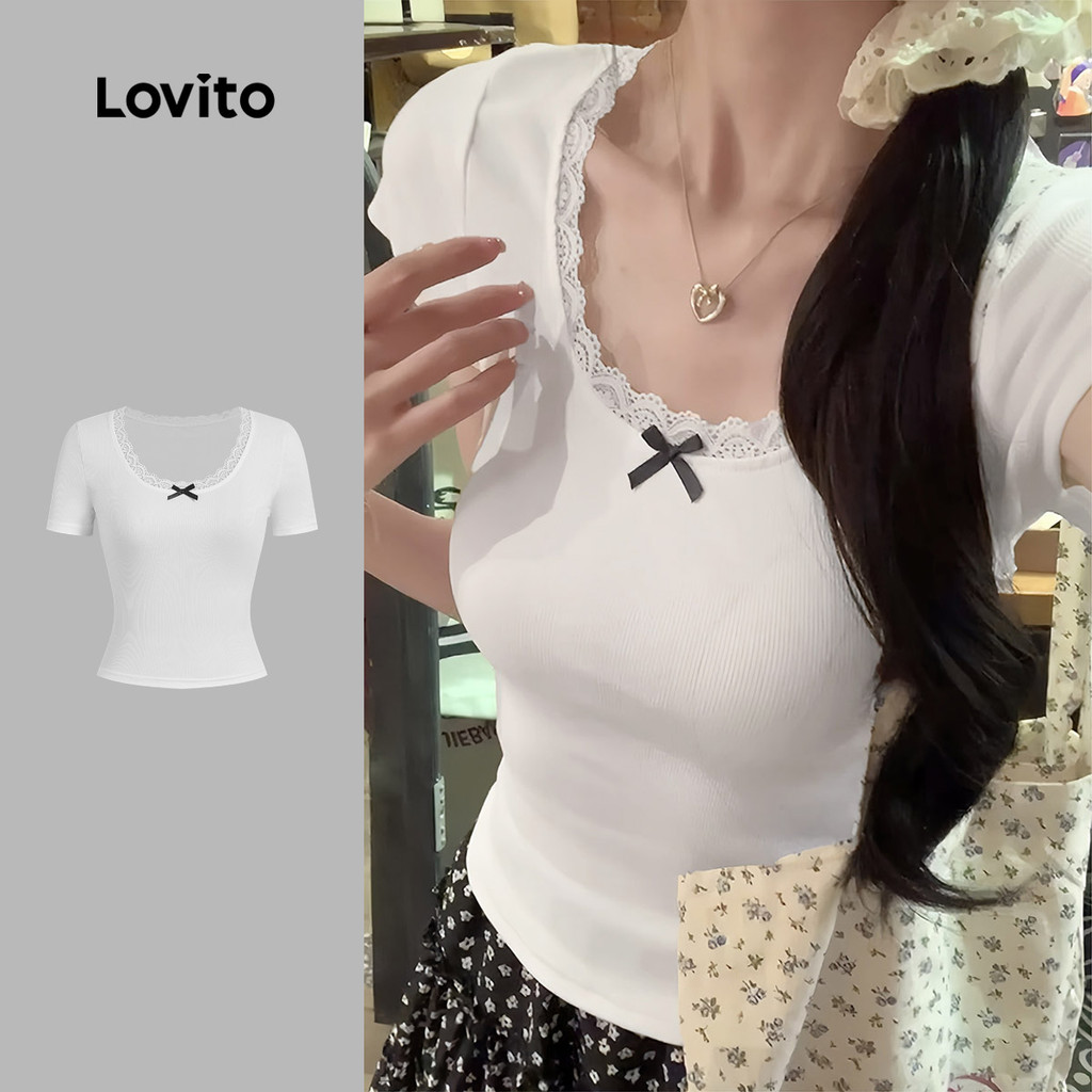 Lovito Camiseta branca feminina primavera/verão casual laço laço L179AD101
