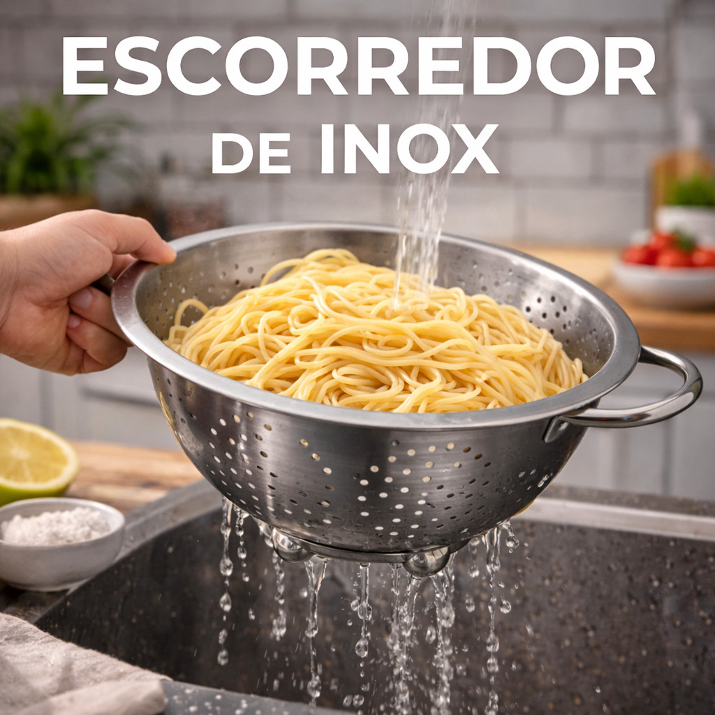 Escorredor de Macarrão e Legumes 2,3 L em Aço Inox com Alça Utensílio Essencial de Cozinha