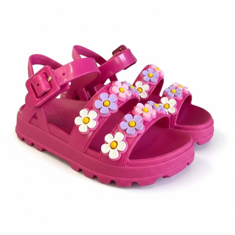 Sandália Infantil Menina Slide Anatômica com Enfeite Flores, Leve, Linda e Confortável