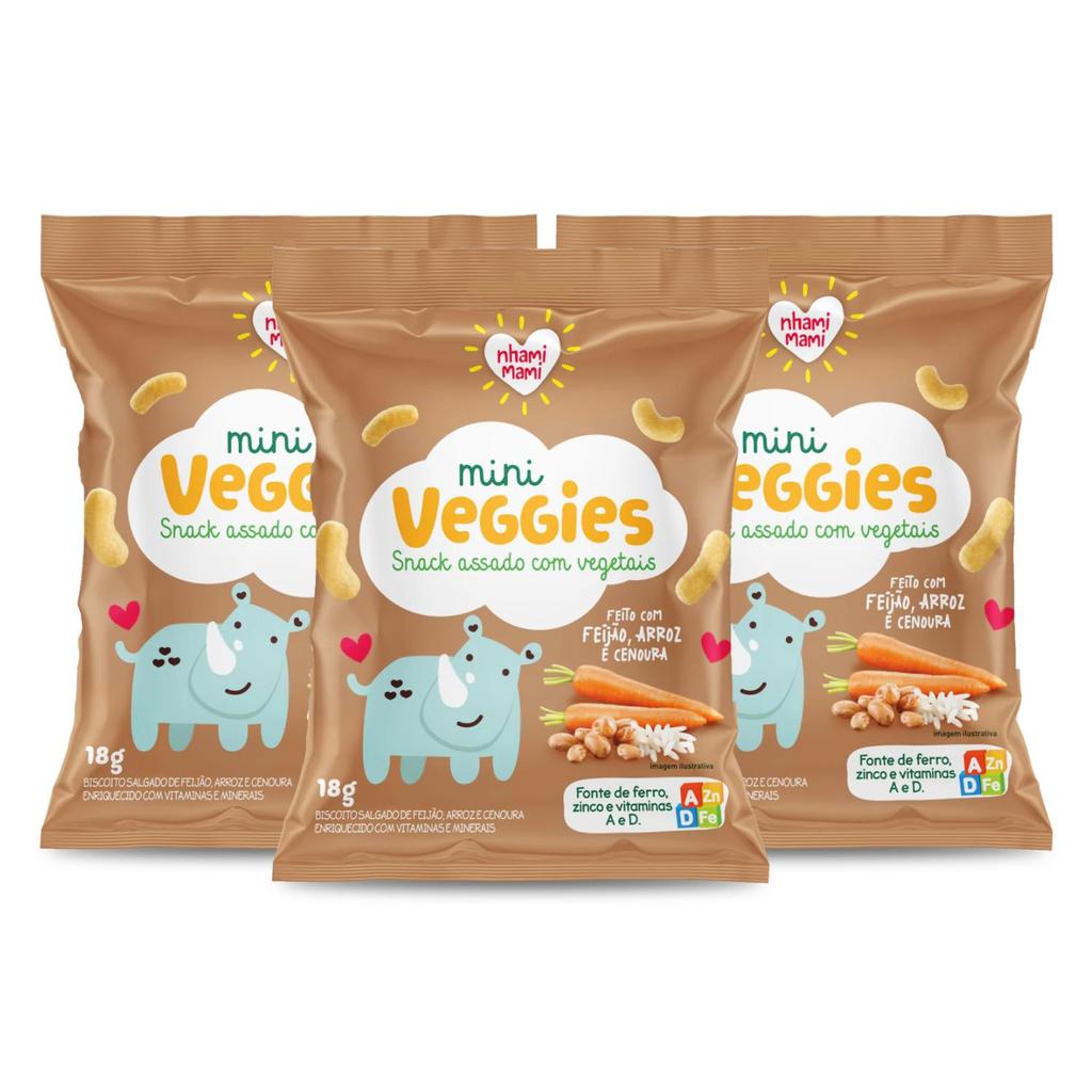 Kit Snack Infantil Sem Glúten Feijão Arroz e Cenoura Mini Veggies Nhami Mami - 3 Unidades 18g