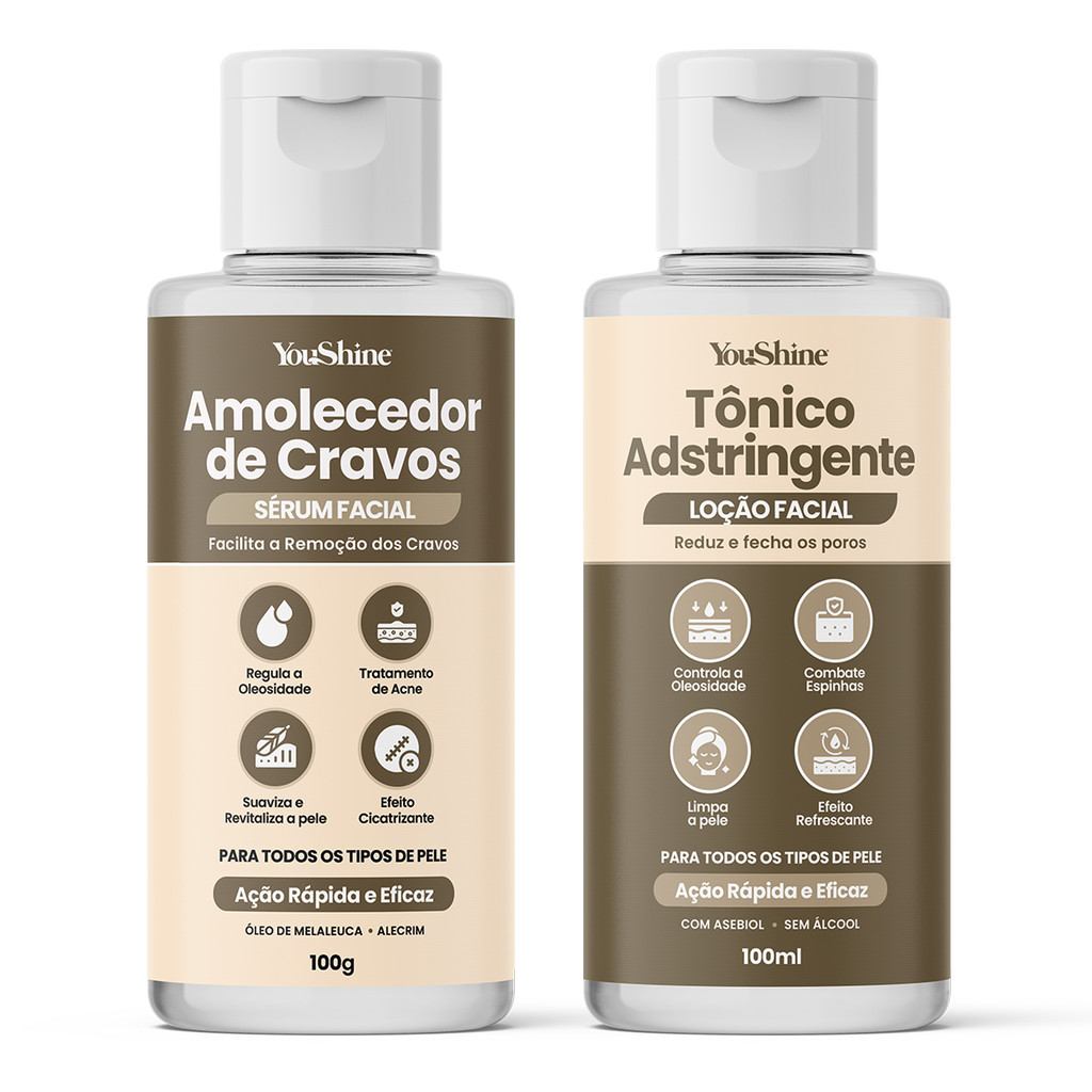 Kit Amolecedor de Cravos + Tônico Adstringente YouShine Limpeza de Pele Facilita a Remoção Controla Oleosidade