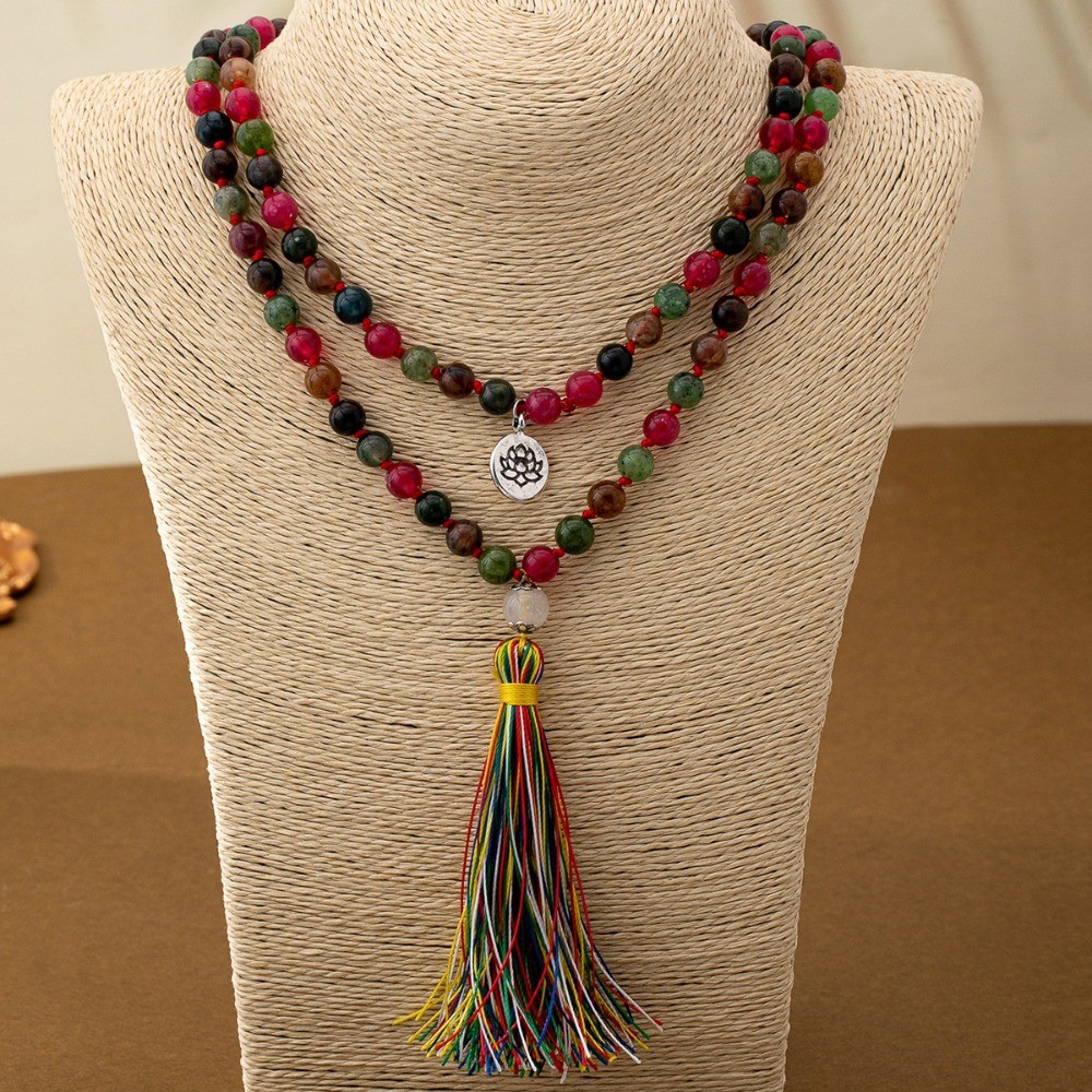 Estilo étnico retrô exclusivo pedra Natural frisada borla colar longo suéter corrente joias