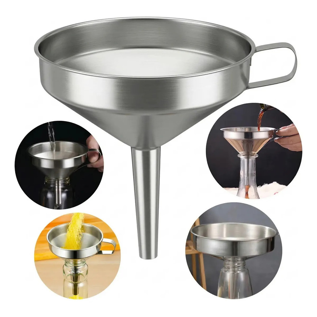 Funil De Cozinha Em Aço Inox Médio 12x12 Cm Com Alça - Garrafas Óleo Azeite E Líquidos Multiuso